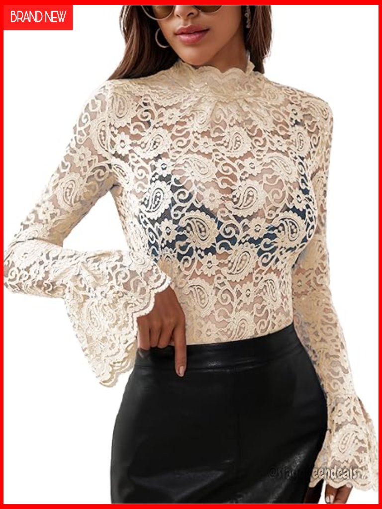 Long Sleeve Lace Mesh Top High Neck Sheer Blouse Floral Going Out Top